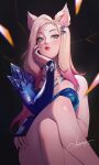  1girl ahri_(league_of_legends) animal_ears asymmetrical_clothes blonde_hair choker citemer commentary crystal facial_mark fox_ears fox_girl hair_ornament hairclip highres k/da_(league_of_legends) k/da_all_out_ahri league_of_legends long_hair looking_at_viewer makeup multicolored_hair shiny_skin sitting solo symbol-only_commentary the_baddest_ahri whisker_markings 
