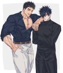  2boys arm_on_shoulder black_pants black_sweater blue_eyes border closed_mouth collared_shirt copyright_request domo_(domo_kizusuki) grey_background hand_in_pocket male_focus multiple_boys muscular muscular_male open_mouth pants shirt short_hair sweater upper_body veins veiny_arms white_border white_pants yellow_eyes 
