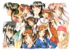  1990s_(style) 6+girls adachi_taeko ayasaki_wakana black_hair blazer blonde_hair braid brown_hair closed_eyes endou_akira everyone green_skirt hair_bobbles hair_ornament hairband hosaka_miyuki hoshino_asuka jacket kai_tomohisa long_hair long_sleeves looking_at_viewer matsuoka_chie medium_hair miniskirt morii_kaho multiple_girls nagakura_emiru nanase_yuu non-web_source official_art one_eye_closed open_mouth parted_lips pink_hair pleated_skirt red_hair red_skirt retro_artstyle round_eyewear sawatari_honoka school_uniform semi-rimless_eyewear sentimental_graffiti serafuku short_hair skirt smile sugihara_manami thighhighs twintails v yamamoto_rurika yellow_thighhighs zettai_ryouiki 