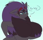  &lt;3 2020 anthro big_breasts black_body black_fur black_highlights bodily_fluids breasts claws dewwydarts english_text featureless_breasts female fur generation_5_pokemon grey_body grey_fur hair hand_on_breast hand_on_hip headband_only highlights_(coloring) huge_breasts long_hair looking_at_breasts mostly_nude multicolored_body multicolored_fur nea_(dewwydarts) nintendo pokemon pokemon_(species) purple_claws purple_hair red_hairband shiny_pokemon shoulder_tuft simple_background solo sweat teal_eyes text tuft two_tone_body two_tone_fur zoroark 