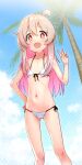  1girl ahoge aoi_rando ass_visible_through_thighs bikini blue_sky brown_eyes cloud commentary_request day feet_out_of_frame front-tie_bikini_top front-tie_top genderswap genderswap_(mtf) highres long_hair onii-chan_wa_oshimai! outdoors oyama_mahiro palm_tree pink_hair side-tie_bikini_bottom sky solo swimsuit tree v white_bikini 