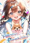  1girl blue_hoodie blurry blurry_background blush brown_hair commentary dog dongchuan english_text highres hood hoodie long_hair looking_at_viewer open_mouth original simple_background sleeveless teeth upper_teeth_only white_background 