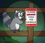  ambiguous_gender caught erect_tail fence fencepost feral fur fur_markings grey_body grey_fur holding_object mammal marker markings misspooks on_fence outside procyonid raccoon raccoon_tail ring_(marking) ringtail sign solo spotlight tail tail_markings wood wood_fence 