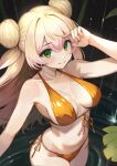  1girl bikini blonde_hair breasts double_bun front-tie_top green_eyes hair_bun harada_isuka highres hololive large_breasts long_hair momosuzu_nene navel orange_bikini side-tie_bikini_bottom smile swimsuit virtual_youtuber water 