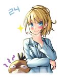  1girl blonde_hair blue_eyes blue_jacket blush closed_mouth detective_pikachu detective_pikachu_(movie) hand_on_own_chin jacket long_sleeves looking_at_viewer lucy_stevens pinguinkotak pokemon pokemon_(creature) ponytail psyduck smile stroking_own_chin white_background 