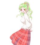  1girl adapted_costume alternate_hairstyle arms_behind_back breasts commentary_request green_hair hair_ornament hair_scrunchie high_ponytail kazami_yuuka large_breasts long_hair long_sleeves open_mouth parted_bangs plaid plaid_skirt red_eyes red_skirt s-a-murai scrunchie skirt smile solo sweater touhou white_background white_sweater 