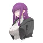  1girl black_coat breasts closed_mouth coat cropped_torso fern_(sousou_no_frieren) half-closed_eyes large_breasts long_hair looking_at_viewer purple_eyes purple_hair rounan58287 shirt simple_background solo sousou_no_frieren white_background white_shirt 