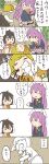  3girls 6koma =_= animal_ears black_hair blonde_hair citrus_(place) commentary_request crescent dress drooling emphasis_lines floppy_ears food_in_mouth highres inaba_tewi looking_back multiple_girls open_mouth pink_dress pleated_skirt purple_hair rabbit_ears reisen_udongein_inaba ringo_(touhou) short_hair simple_background skirt sleeping solid_oval_eyes speech_bubble squatting sweat teeth touhou translation_request upper_teeth_only v-shaped_eyebrows white_background wide-eyed 