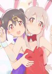  2girls :d ahoge animal_ears bare_shoulders black_hair bow bowtie breasts brown_eyes colored_inner_hair commentary detached_collar dot_nose fake_animal_ears grey_hair hair_between_eyes hair_ornament hairband hairclip highres kebakebasan leotard long_hair multicolored_hair multiple_girls onii-chan_wa_oshimai! open_mouth oyama_mahiro oyama_mihari pink_hair playboy_bunny purple_bow purple_bowtie purple_hair purple_leotard rabbit_ears rabbit_tail red_bow red_bowtie red_leotard siblings simple_background sisters small_breasts smile tail twintails two-tone_hair upper_body white_background wrist_cuffs yuri 