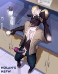  anthro black_body blush bodily_fluids bovid caprine cum ejaculation erection genital_fluids genitals green_eyes hi_res hooves juice_that_makes_you_cum male mammal nolansnsfw oopsitsnolansfw penis public public_nudity sheep solo solo_focus solo_in_panel 