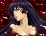  1girl bare_shoulders black_hair collarbone commentary_request highres kanoe_yuuko lips long_hair looking_at_viewer open_mouth pandaraion_(kanikani2950) portrait red_background red_eyes solo tasogare_otome_x_amnesia upper_body 