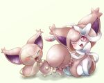  alternate_color capelet closed_eyes clothed_pokemon cosplay fangs frills hands_up hood hooded_capelet no_humans one_eye_closed open_mouth pokemon pokemon_(creature) remedy_matome shiny_pokemon simple_background sitting skitty sylveon 