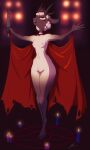  absurd_res anthro bovid candlestick cape caprine clothing crown cult_of_the_lamb female headgear hi_res holding_object holding_weapon hooves lamb_(cult_of_the_lamb) mammal nude pentagram red_eyes scaliepunk sheep solo spread_arms standing weapon 