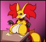  anthro beauty_mark big_breasts breast_drop breasts choker clothed clothing delphox eyelashes fair_argument_(meme) female fishnet fishnet_legwear furniture generation_6_pokemon goth hi_res impact_emanata inner_ear_fluff jewelry legwear looking_at_viewer mahoxy necklace nintendo pokemon pokemon_(species) simple_background solo standing table text tuft 