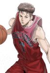  1boy absurdres ball basketball_(object) basketball_jersey basketball_uniform bishounen brown_eyes brown_hair chamuring clothes_lift cowboy_shot earrings highres holding holding_ball jewelry looking_at_viewer male_focus miyagi_ryouta open_mouth red_shorts red_tank_top shirt_lift shirt_tucked_in shorts slam_dunk_(series) solo sportswear stud_earrings tank_top toned toned_male undercut wavy_hair white_background 