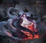  1girl adventure_galley_(azur_lane) anchor armpits artist_request azur_lane bare_legs bare_shoulders barefoot blurry breasts broken broken_chain chain chained collar copyright_name depth_of_field dress fire full_body gauntlets hair_ornament long_hair looking_at_viewer medium_breasts metal_collar molten_rock night official_art open_mouth parted_bangs promotional_art purple_hair red_eyes rigging second-party_source ship sidelocks sleeveless sleeveless_dress solo standing teeth tentacles torn_clothes torn_dress twintails very_long_hair water watercraft watermark white_dress 