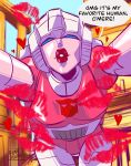  1girl absurdres arcee autobot blue_eyes breasts dumbdelvon english_text highres kiss mecha medium_breasts pov red_lips robot science_fiction solo speech_bubble thick_lips transformers 