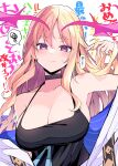  1girl absurdres black_choker blonde_hair breasts choker cleavage closed_mouth commentary_request highres himiya_jouzu horns large_breasts long_hair lucifer_(monster_strike) monster_strike purple_eyes smile solo translation_request upper_body 