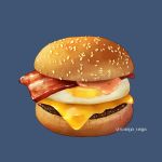  bacon blue_background bun_(food) burger cheese food food_focus highres meat no_humans original sesame_seeds simple_background still_life twitter_username wasya_usya 