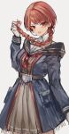  1girl blue_coat blush braid coat dress gloves grey_background highres holding holding_hair kantai_collection long_hair long_sleeves looking_at_viewer nataro_1116 neckerchief nevada_(kancolle) open_mouth red_eyes red_hair red_neckerchief simple_background single_braid solo white_gloves 