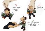  2boys angry bakugou_katsuki blonde_hair boku_no_hero_academia boots checkmark chibi clenched_teeth commentary diced_rice english_commentary english_text fingernails highres holding how_to_hold_x_(meme) kirishima_eijirou lifting_person male_focus meme mini_person miniboy multiple_boys out_of_frame red_eyes short_hair simple_background spiked_hair squeezing standing teeth white_background x 