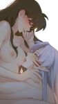  1boy 1girl absurdres aged_up biting blush breasts brown_hair closed_mouth completely_nude couple crescent crescent_facial_mark ear_blush eye_contact facial_mark fang forehead_mark from_side gootai grey_hair half-closed_eyes hand_on_another&#039;s_shoulder hand_up hetero hickey highres hug inuyasha long_hair looking_at_another looking_down looking_up nipple_biting nipples nude open_mouth parted_bangs profile red_eyes rin_(inuyasha) saliva sesshoumaru sidelocks simple_background sweat toned toned_male white_background yellow_eyes 