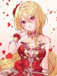  1girl bare_shoulders blonde_hair blush breasts cleavage collarbone detached_collar dress falling_petals flower gradient_background hair_between_eyes hair_flower hair_ornament hand_up highres idolmaster idolmaster_cinderella_girls idolmaster_cinderella_girls_starlight_stage kurosaki_chitose large_breasts long_hair looking_at_viewer miyakoto open_mouth petals pink_background red_dress red_eyes red_flower red_rose rose scrunchie simple_background smile solo tiara very_long_hair 
