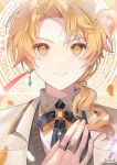  1boy blonde_hair closed_mouth commentary earrings gradient_hair jewelry long_sleeves low_ponytail multicolored_hair multiple_rings orange_eyes orange_gemstone orange_hair project_sekai ring sal scramble_fan_festa!_(project_sekai) single_earring smile solo tenma_tsukasa wavy_hair 