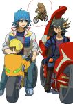  2boys absurdres animal bear belt bicycle black_hair blue_eyes blue_hair blue_jacket boots brown_footwear bruno_(yu-gi-oh!) commentary_request d-wheel denim expressionless facial_mark facial_tattoo fudou_yuusei grey_eyes helmet high_collar highres holding image_in_thought_bubble jacket jeans knee_pads looking_at_another male_focus marking_on_cheek motor_vehicle motorcycle motorcycle_helmet multicolored_hair multiple_boys open_clothes open_jacket open_mouth pants riding riding_bicycle shoes short_hair shoulder_pads simple_background sitting sleeves_rolled_up smile sneakers spiked_hair streaked_hair tattoo thought_bubble unworn_headwear unworn_helmet white_background white_footwear youko-shima yu-gi-oh! yu-gi-oh!_5d&#039;s 