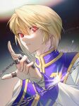  1boy androgynous blonde_hair blue_tabard chain crystal_earrings earrings glint highres hunter_x_hunter jewelry kurapika long_sleeves looking_at_viewer male_focus medium_hair multiple_rings ppttppff red_eyes ring solo tabard thumb_ring upper_body 
