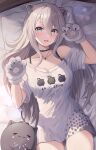  1girl absurdres ahoge animal_ears animal_hands bare_shoulders black_choker blush bra_strap breasts choker ear_piercing fangs gloves grey_eyes grey_hair hair_between_eyes highres hololive karu_(karusenpai) large_breasts lion_ears lion_girl long_hair looking_at_viewer loose_clothes loose_shirt lying official_alternate_costume on_back open_mouth paw_gloves piercing shirt shishiro_botan shishiro_botan_(4th_costume) skin_fangs smile solo ssrb_(shishiro_botan) t-shirt thighs virtual_youtuber white_shirt 