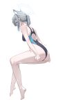  1girl absurdres animal_ear_fluff animal_ears ass bare_arms bare_shoulders barefoot blue_archive blue_eyes blue_halo breasts commentary_request competition_swimsuit cross_hair_ornament dongye1551 extra_ears from_behind full_body grey_hair hair_ornament halo highres looking_at_viewer looking_back low_twintails medium_breasts official_alternate_costume one-piece_swimsuit ponytail shiroko_(blue_archive) shiroko_(swimsuit)_(blue_archive) short_hair simple_background sitting solo swimsuit thighs twintails white_background wolf_ears 