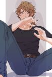  1boy barefoot belt belt_buckle black_shirt blue_eyes blue_pants brown_belt brown_hair buckle feet_out_of_frame grey_background hand_over_face highres looking_at_viewer male_focus medium_hair mikage_kojirou pants pillarboxed protagonist_(tokimemo_gs4) sen3s shirt silhouette solo_focus sweatdrop tokimeki_memorial tokimeki_memorial_girl&#039;s_side_4th_heart 
