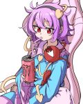  1boy black_hairband blue_shirt chair drinking drinking_straw hairband heart komeiji_satori long_sleeves monster_energy purple_hair red_eyes shinmon_akika shirt short_hair simple_background sitting solo third_eye touhou white_background 