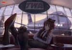  1girl aircraft airplane airport awei_chaoyong cloud commentary_request feet fisheye foot_focus footrest hat highres holding holding_phone indoors koakuma light_smile looking_at_viewer pantyhose parted_lips phone red_eyes red_hair shoe_soles sky soles solo toes touhou twilight window 