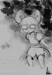  2023 anthro big_ears bottomwear clothed clothing eyewear female glasses greyscale hair hatsumiilkshake hi_res mammal monochrome mouse murid murine open_mouth rodent shirt shorts solo topwear 