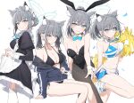  4girls alternate_costume animal_ear_fluff animal_ears apron apron_hold bare_shoulders bikini bikini_under_clothes black_bikini black_dress black_leotard black_pantyhose blue_archive blue_bow blue_bowtie blue_eyes blue_halo blue_jacket blue_skirt bow bowtie breasts cheerleader cleavage closed_mouth collar commentary cowboy_shot detached_collar dress enmaided extra_ears fake_animal_ears feet_out_of_frame garter_straps grey_hair hair_bun halo halterneck hayashi_kewi highres holding holding_pom_poms invisible_chair jacket juliet_sleeves leg_up leotard long_sleeves looking_at_viewer looking_down maid maid_apron maid_headdress medium_breasts millennium_cheerleader_outfit_(blue_archive) miniskirt mismatched_pupils multiple_girls off_shoulder pantyhose pom_pom_(cheerleading) ponytail puffy_sleeves rabbit_ears shiroko_(blue_archive) side-tie_bikini_bottom simple_background single_hair_bun sitting skirt skirt_hold smile strapless strapless_leotard swimsuit thighhighs unzipped white_apron white_background white_collar white_headwear white_thighhighs white_wrist_cuffs wolf_ears 