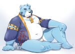  2023 anthro asian_clothing bear beard belly big_belly black_nose blue_body bonasiah clothing east_asian_clothing facial_hair full_attack fundoshi hi_res humanoid_hands japanese_clothing kemono male mammal moobs navel nipples numpia overweight overweight_male sitting solo sophring_jie underwear white_body white_clothing white_fundoshi white_underwear 