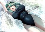  1girl alternate_costume arm_up black_one-piece_swimsuit blue_eyes blue_hair blush breasts bubble commentary_request cowboy_shot flat_cap green_headwear hair_bobbles hair_ornament hat highleg highleg_swimsuit highres kagiyama_shachou kawashiro_nitori large_breasts medium_hair one-piece_swimsuit open_mouth school_swimsuit sidelocks solo splashing swimsuit touhou twitter_username two_side_up water 