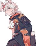  1boy absurdres animal_ears armor bishounen cowboy_shot genshin_impact highres japanese_armor japanese_clothes kaedehara_kazuha looking_at_viewer male_focus mnce_o multicolored_hair rabbit_boy rabbit_ears rabbit_tail red_eyes red_hair short_hair solo streaked_hair tail white_hair 