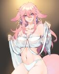  1girl animal_ears bare_shoulders bow breasts brown_background cleavage commentary_request cowboy_shot crop_top fox_ears fox_tail genshin_impact highres long_hair looking_at_viewer medium_breasts midriff navel octoboo off-shoulder_shirt off_shoulder panties parted_lips pink_hair purple_eyes shirt shirt_bow smile solo stomach tail underwear very_long_hair white_bow white_panties white_shirt yae_miko 