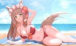  1girl :3 absurdres animal_ears arm_behind_head arm_up armpits bare_arms bare_legs bare_shoulders beach bikini breasts brown_hair cleavage closed_mouth commission day flower fox_ears fox_tail frilled_bikini frills front-tie_bikini_top front-tie_top green_eyes hair_flower hair_ornament hair_ribbon halterneck headdress highres horizon kkam-sang large_breasts long_hair looking_at_viewer lying maho_(princess_connect!) navel ocean on_side outdoors princess_connect! red_bikini ribbon side-tie_bikini_bottom smile solo stomach strap_gap string_bikini sunlight swimsuit tail tail_raised thighs v 