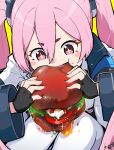  +_+ 1girl black_gloves blue_archive blush_stickers burger fingerless_gloves food gloves hair_between_eyes highres holding holding_food jacket koyuki_(blue_archive) long_hair long_sleeves pink_eyes pink_hair sergei_(pattundo) shirt solo twintails white_jacket white_shirt wide_sleeves 