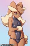  2023 5_fingers anthro arm_tuft big_ears black_sclera brown_body brown_fur bulge clothed clothing eyewear fingers fur generation_4_pokemon glasses latex looking_at_viewer lopunny male navel nintendo open_mouth pokemon pokemon_(species) red_eyes simple_background solo tail tuft wrist_tuft yorusagi 