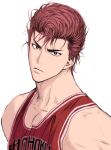  1boy basketball_jersey basketball_uniform bishounen black_eyes buzz_cut closed_eyes glaring highres llll_100 looking_at_another male_focus pectoral_cleavage pectorals pompadour red-eye_effect red_hair red_tank_top sakuragi_hanamichi short_hair simple_background slam_dunk_(series) solo sportswear tank_top upper_body very_short_hair white_background 