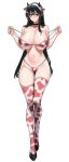  1girl absurdres alternate_breast_size animal_ears animal_print bikini black_choker black_hair blush breasts choker closed_mouth collarbone cow_ears cow_horns cow_print cow_print_bikini dogs_(dlrkdejr26) earrings fake_animal_ears fake_horns full_body hairband hands_up highres horns huge_breasts jewelry long_hair looking_at_viewer navel print_bikini print_thighhighs red_eyes simple_background solo spy_x_family standing stomach swimsuit thighhighs very_long_hair white_background white_hairband yor_briar 