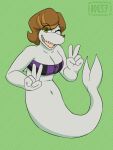  2021 anthro bottlenose_dolphin breasts brown_hair cetacean cleavage clothed clothing dolphin dolphin_tail double_v_sign eye_through_hair female gesture green_eyes gum-k hair hi_res jabonne_lidia legless mammal marine navel oceanic_dolphin one_eye_closed serpentine sharp_teeth solo tail teeth toothed_whale translucent translucent_hair v_sign wink zipper 
