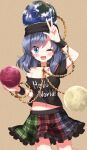  1girl :d black_choker black_shirt blue_eyes blue_skirt chain choker clothes_writing earth_(ornament) frilled_skirt frills gold_chain green_skirt hecatia_lapislazuli hecatia_lapislazuli_(earth) highres medium_hair midriff_peek miniskirt moon_(ornament) multicolored_clothes multicolored_skirt navel off-shoulder_shirt off_shoulder one_eye_closed pleated_skirt polos_crown red_skirt ruu_(tksymkw) shirt short_sleeves skirt smile solo t-shirt touhou underworld_(ornament) v wristband 