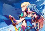  2girls absurdres bare_shoulders belt blonde_hair blue_eyes blue_hair blue_jacket blue_shirt blue_sky breasts brown_gloves chest_jewel cleavage closed_mouth cloud cloudy_sky core_crystal_(xenoblade) cosplay dress elbow_gloves elira_pendora gloves highres holding holding_sword holding_weapon jacket large_breasts long_hair multiple_girls mythra_(xenoblade) nijisanji nijisanji_en outdoors rex_(xenoblade) rex_(xenoblade)_(cosplay) shirt sky sleeveless sleeveless_jacket sleeveless_shirt swept_bangs sword tsukinaga upper_body very_long_hair virtual_youtuber weapon white_dress white_gloves xenoblade_chronicles_(series) xenoblade_chronicles_2 yellow_eyes 