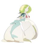  1girl bare_shoulders black_eyes bob_cut closed_eyes colored_skin commentary dress english_commentary flat_chest gardevoir green_hair highres hug long_dress looking_at_another mega_gardevoir mega_pokemon mixed-language_commentary one_eye_closed pawpads pokemon pokemon_(creature) short_hair simple_background sketch strapless strapless_dress sweat takashi_(pixiv_80298118) u_u vaporeon white_background white_dress white_skin 